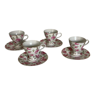 4 tea cups and saucers in shabby pink porcelain