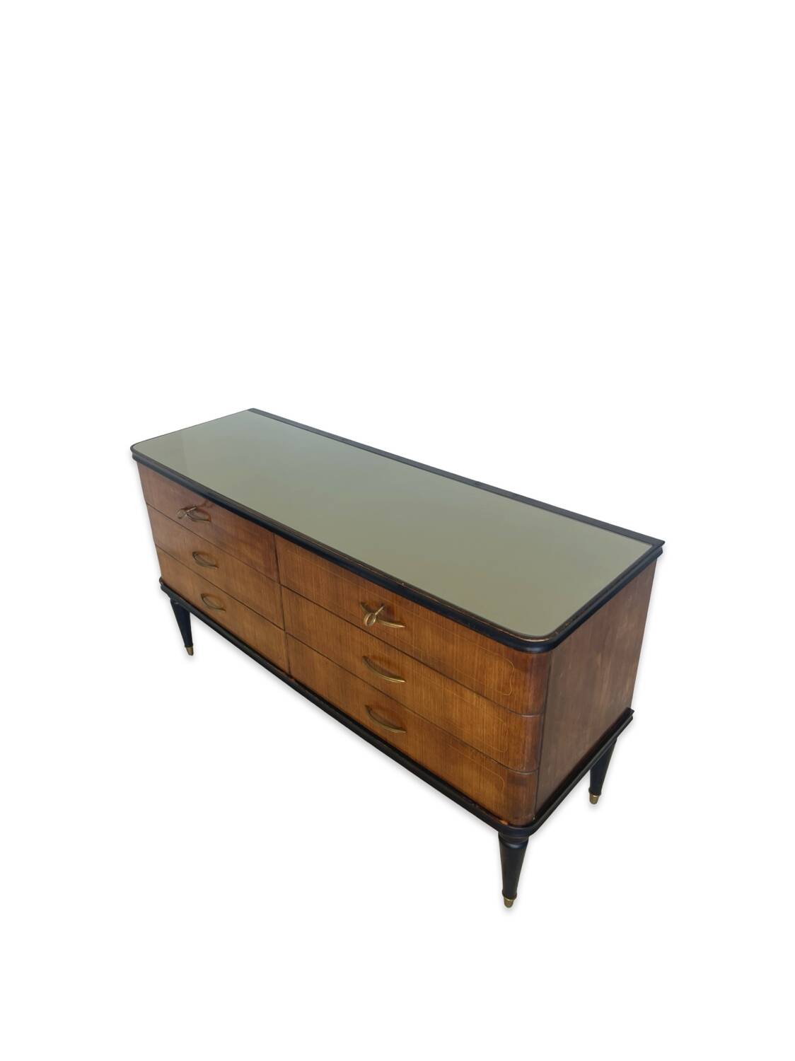 Commode en acajou plaqué avec plateau en verre vert, années 1950