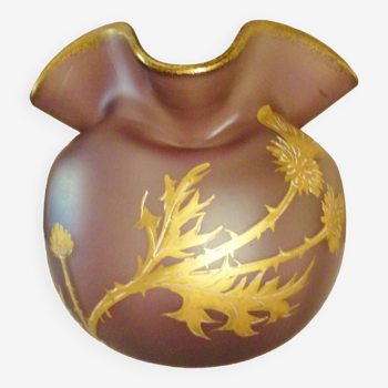 Purse-shaped vase, purple blown glass and gold-gilded thistles, Legras, art nouveau