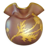 Purse-shaped vase, purple blown glass and gold-gilded thistles, Legras, art nouveau