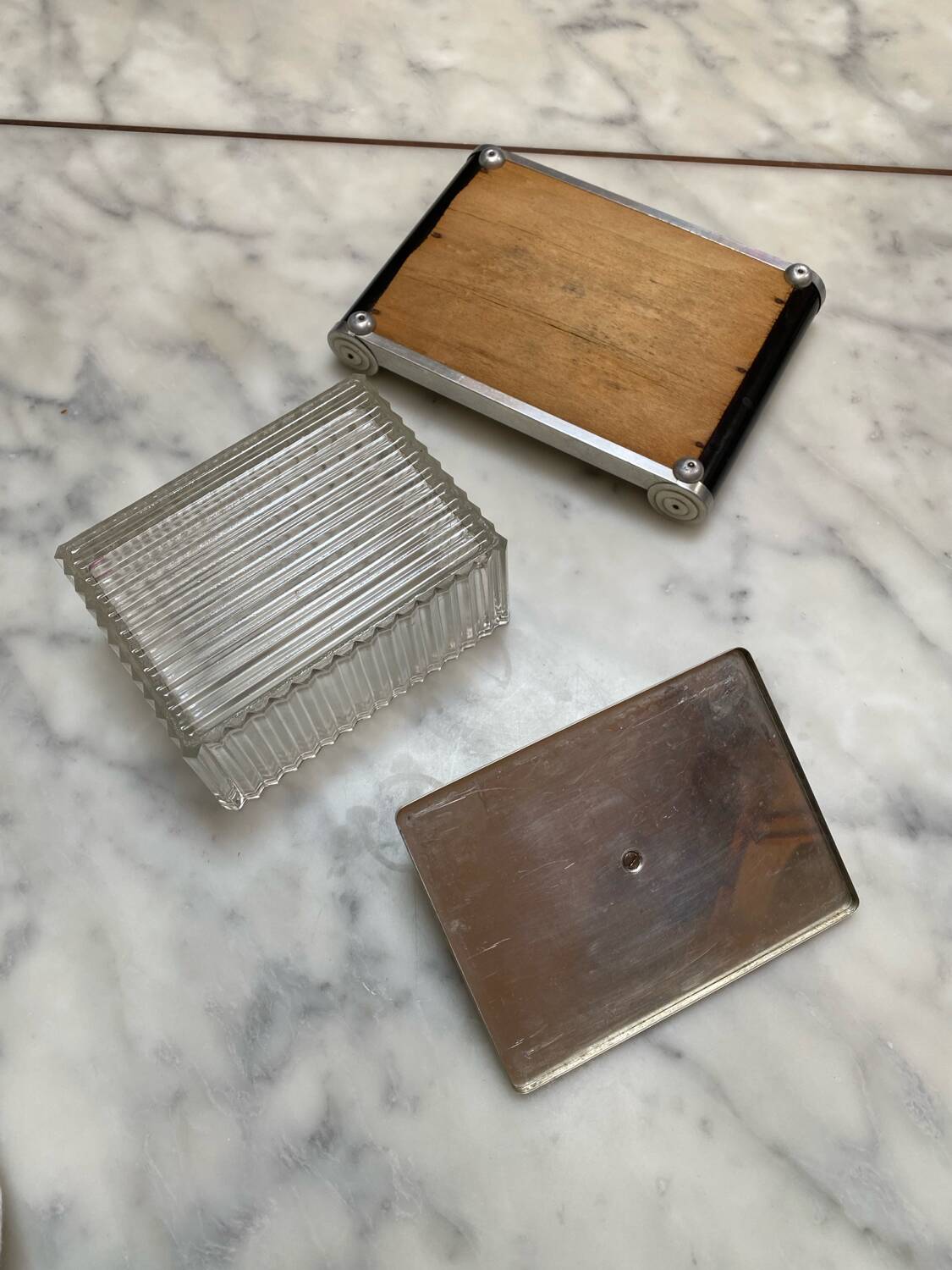 Art Deco box, 1920s metal, wood and glass