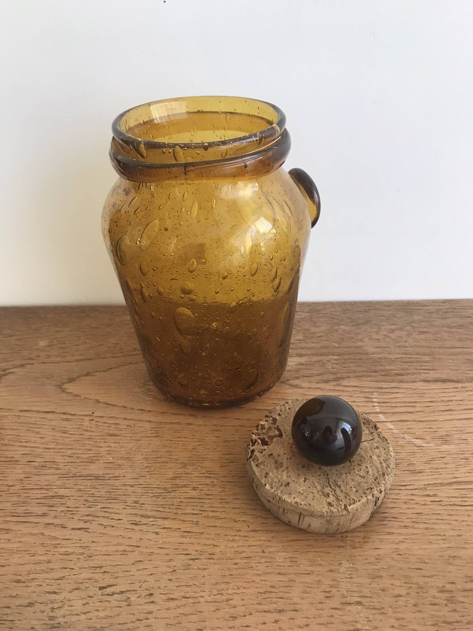 Handmade jar in blown bubbled glass Biot amber