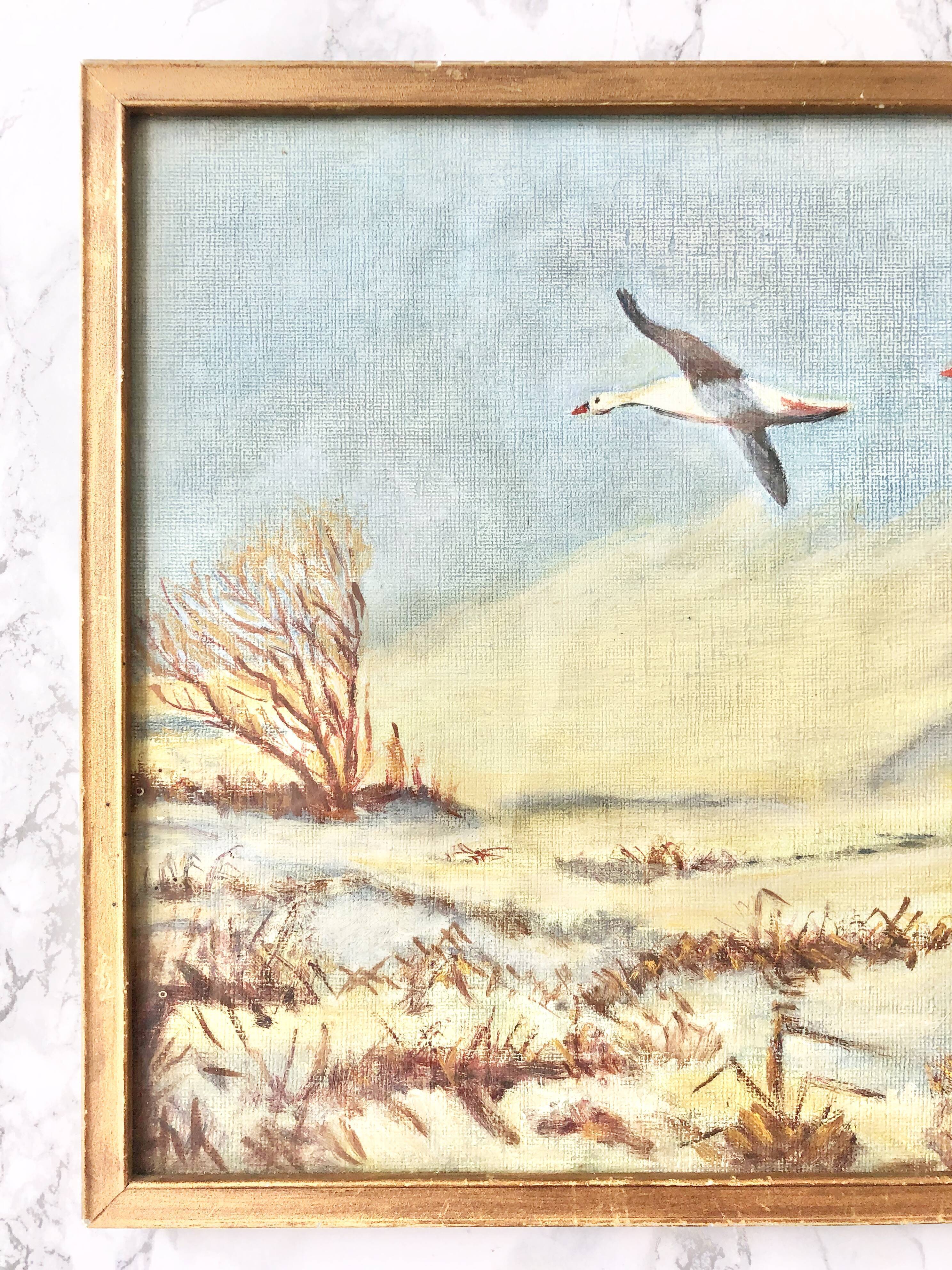 Nice vintage painting depicting a flight of wild geese in a landscape