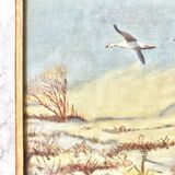 Nice vintage painting depicting a flight of wild geese in a landscape
