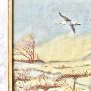 Nice vintage painting depicting a flight of wild geese in a landscape