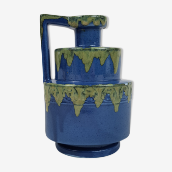 Blue and green ceramic vase with handle