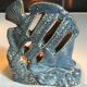 Set of 3 candle holders in glazed ceramic gray blue, shape "fish".