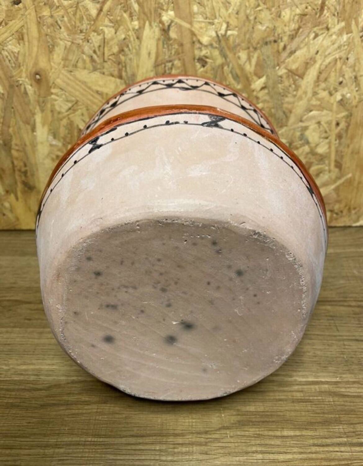 Ancient Berber flower holder, painted terracotta, vintage ethnic vase.