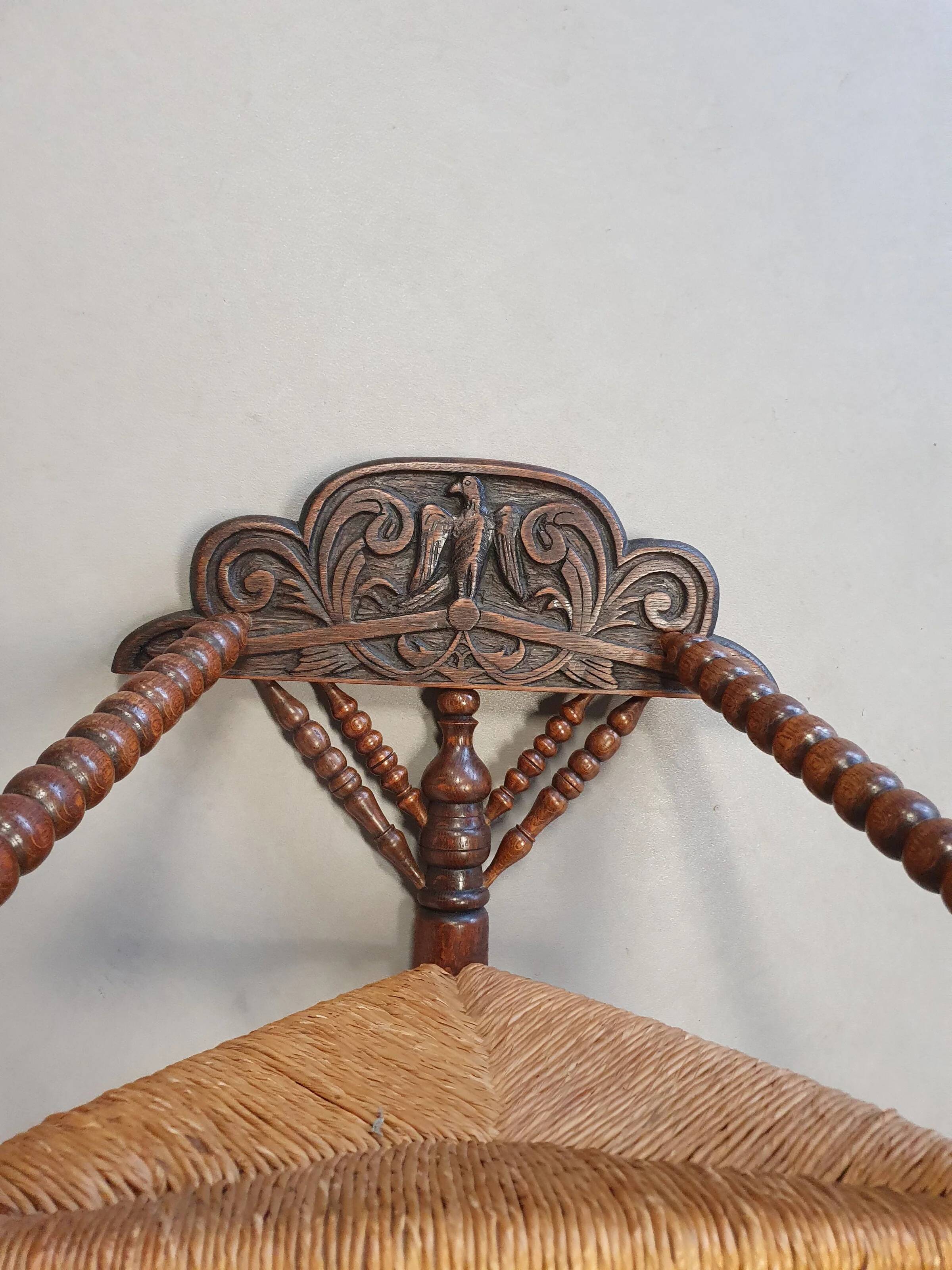 Dutch triangular turned wood corner chair rush seat knitting armchair