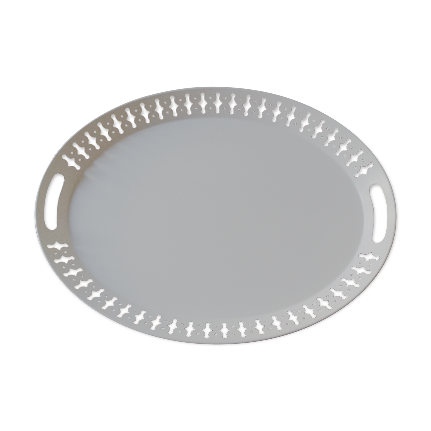 Oval tray in enamelled sheet metal with gallery