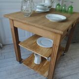 Meuble de métier vintage en chêne sur roulettes, 1 tiroir, 2 tablettes.