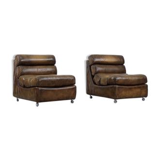 Set of 2 vintage brutalist leather mobile armchair, 1960