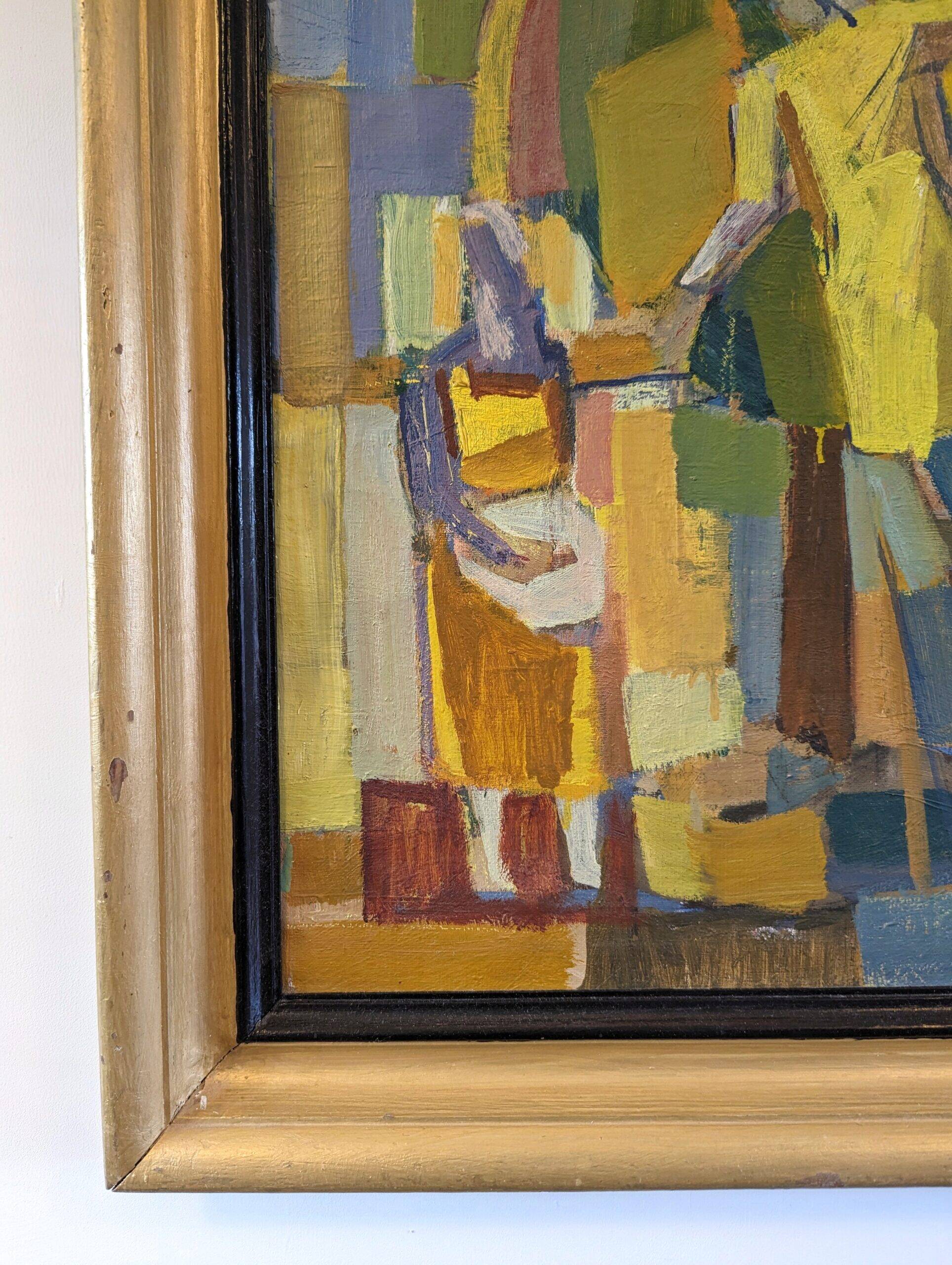 Mid-Century Modern Swedish "The Fruit Tree Pickers" Vintage Oil Painting, Framed