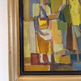 Mid-Century Modern Swedish "The Fruit Tree Pickers" Vintage Oil Painting, Framed