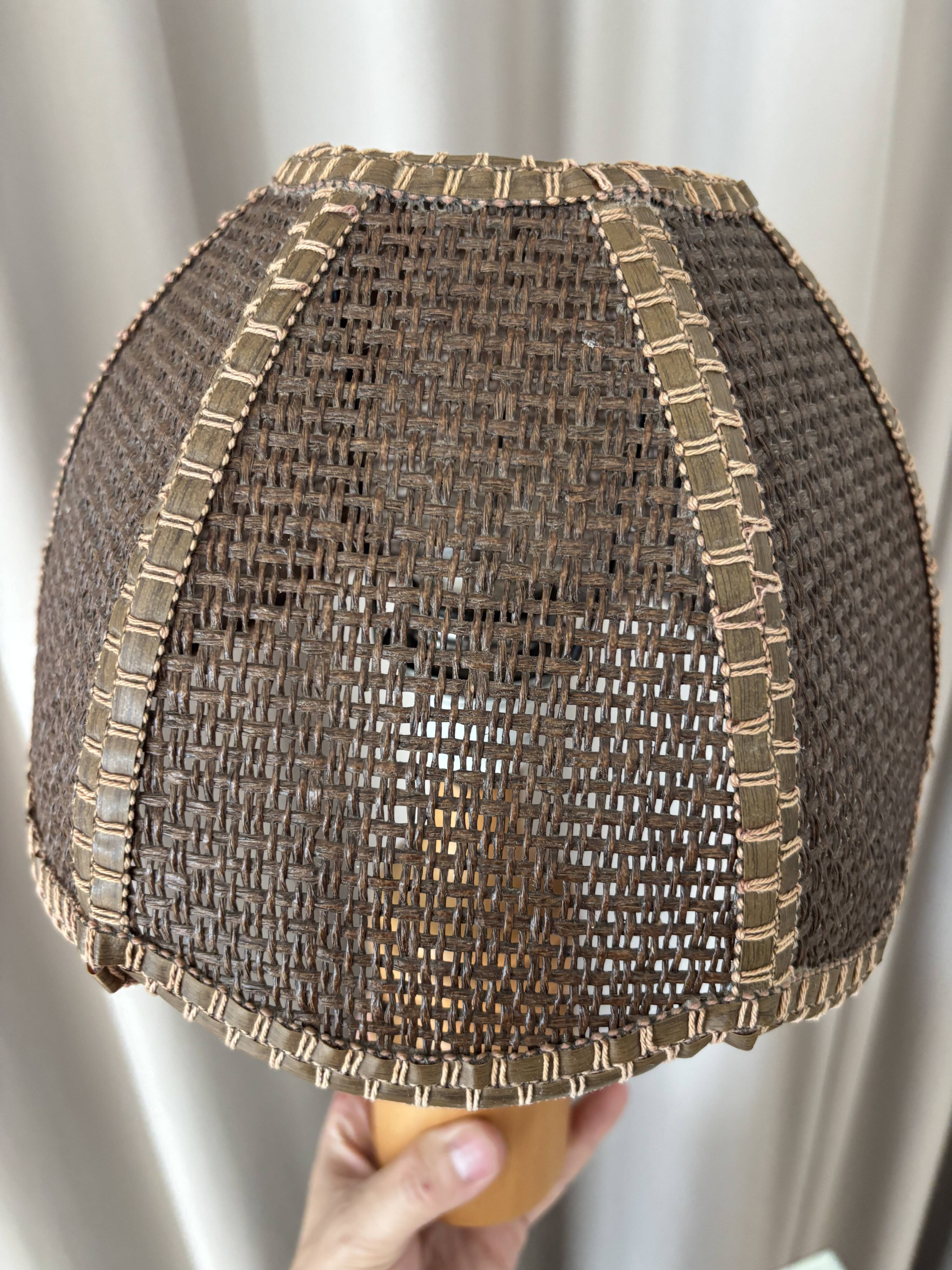 Vintage Woven Table Lamp – Wood & Rattan – 1970s