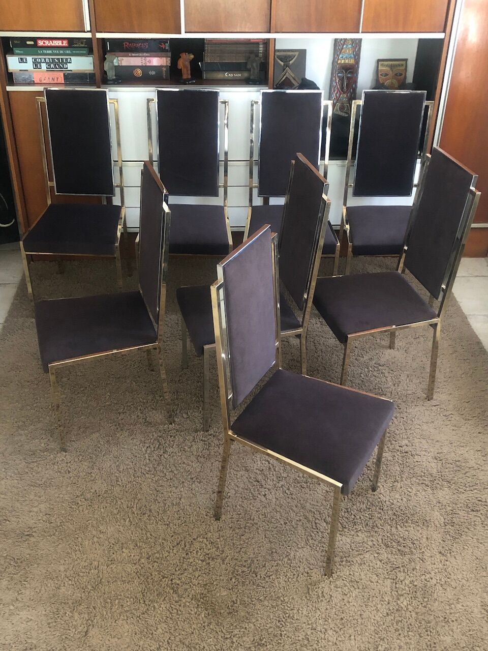 Set of 8 brass and alcantara chairs Romeo Rega 1970