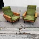 Pair of green vintage armchairs and brown skai