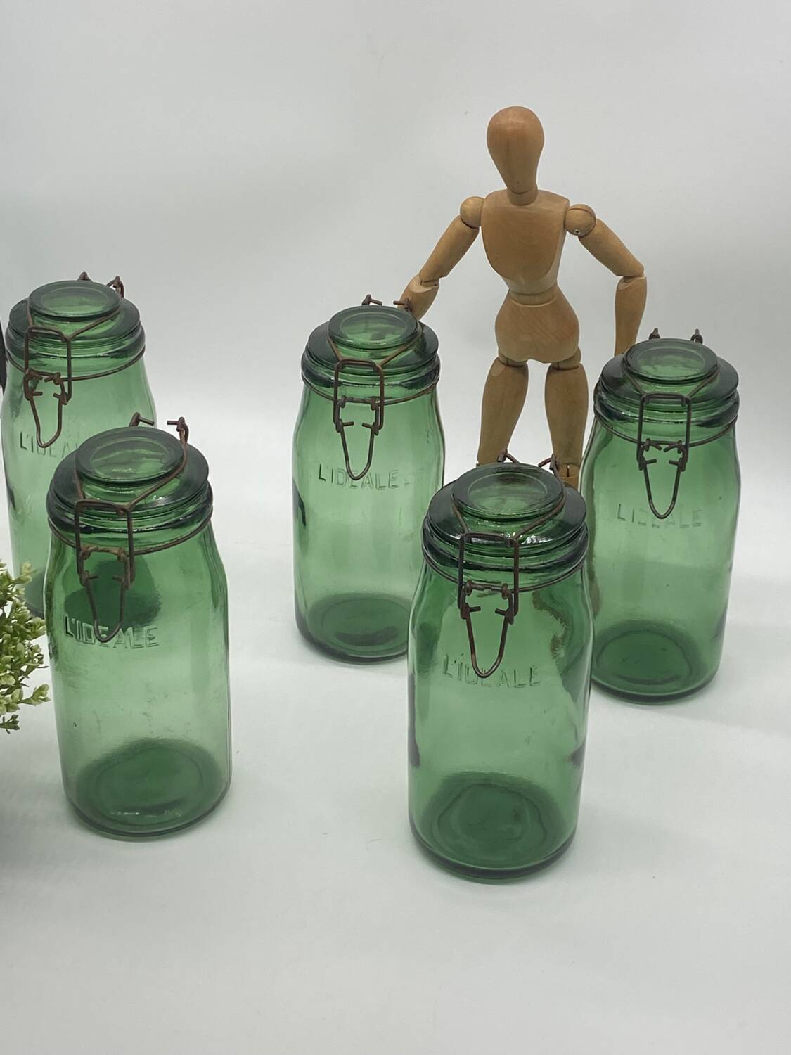 Set of L'ideal jars, old, glass / green