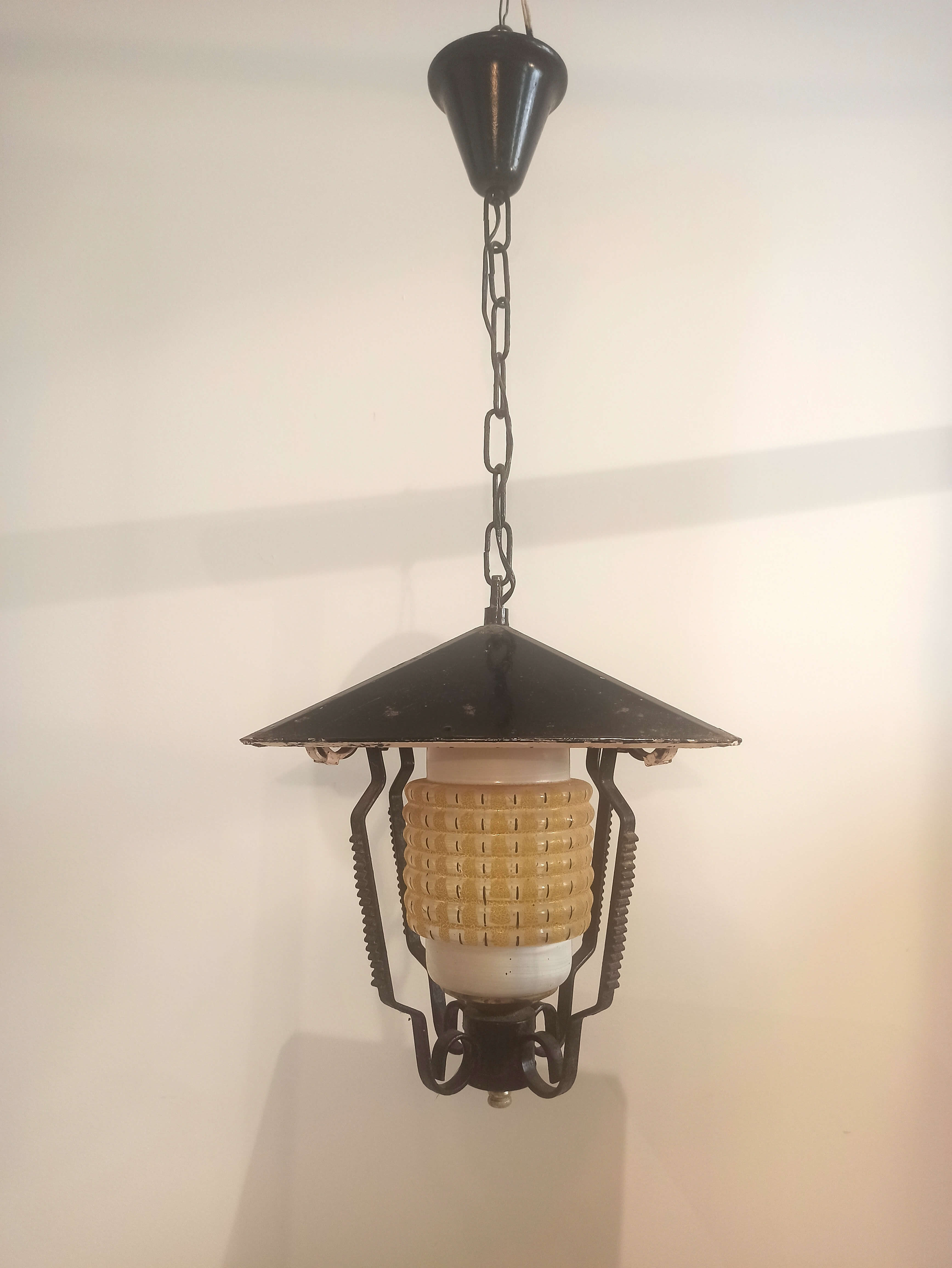 Vintage outdoor pendant light in yellow molded glass and black metal