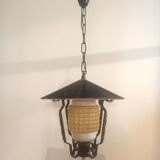 Vintage outdoor pendant light in yellow molded glass and black metal