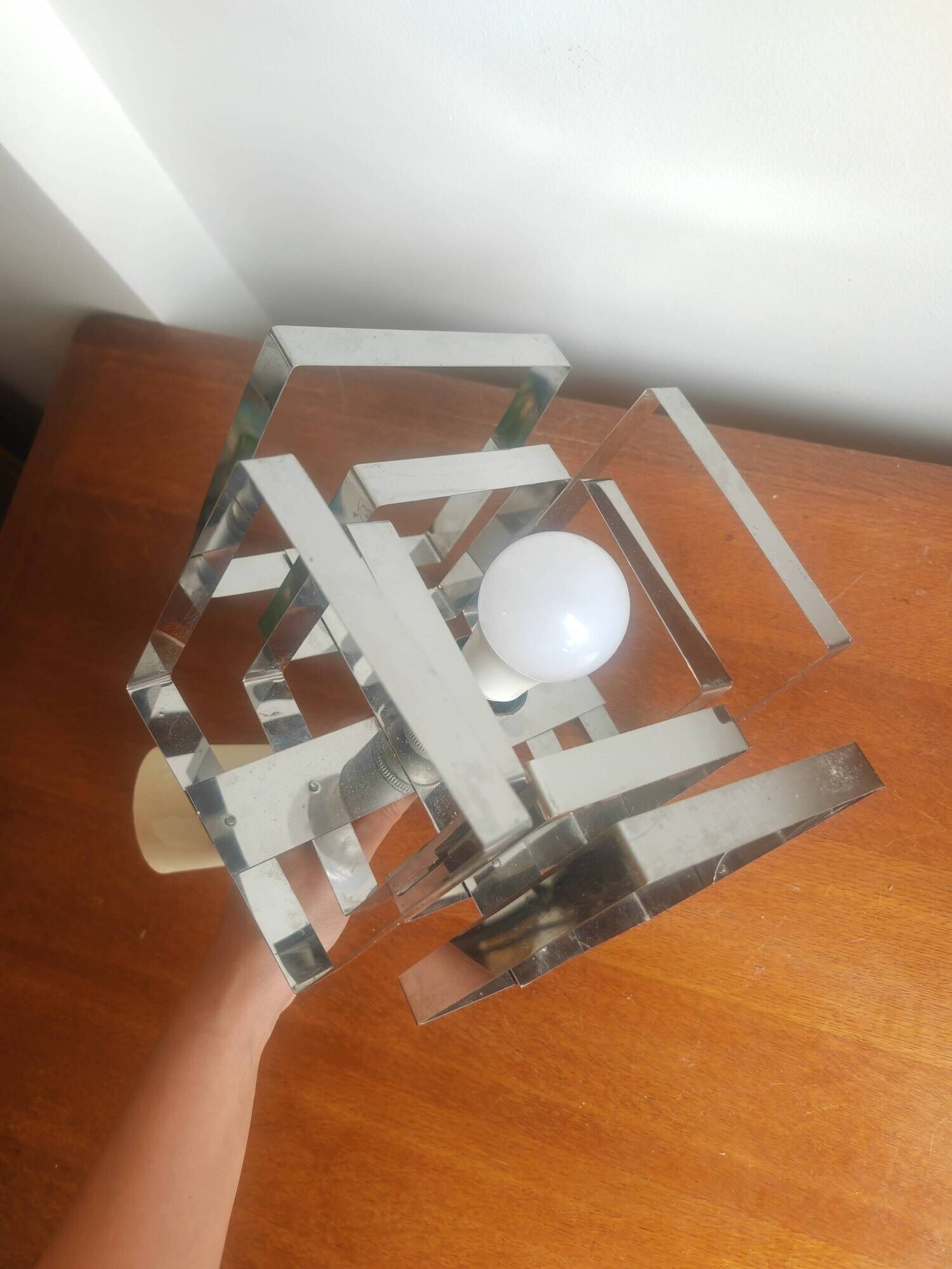 Lampe Cube Métal Chromé Vintage 70s - Style Sciolari / Rega
