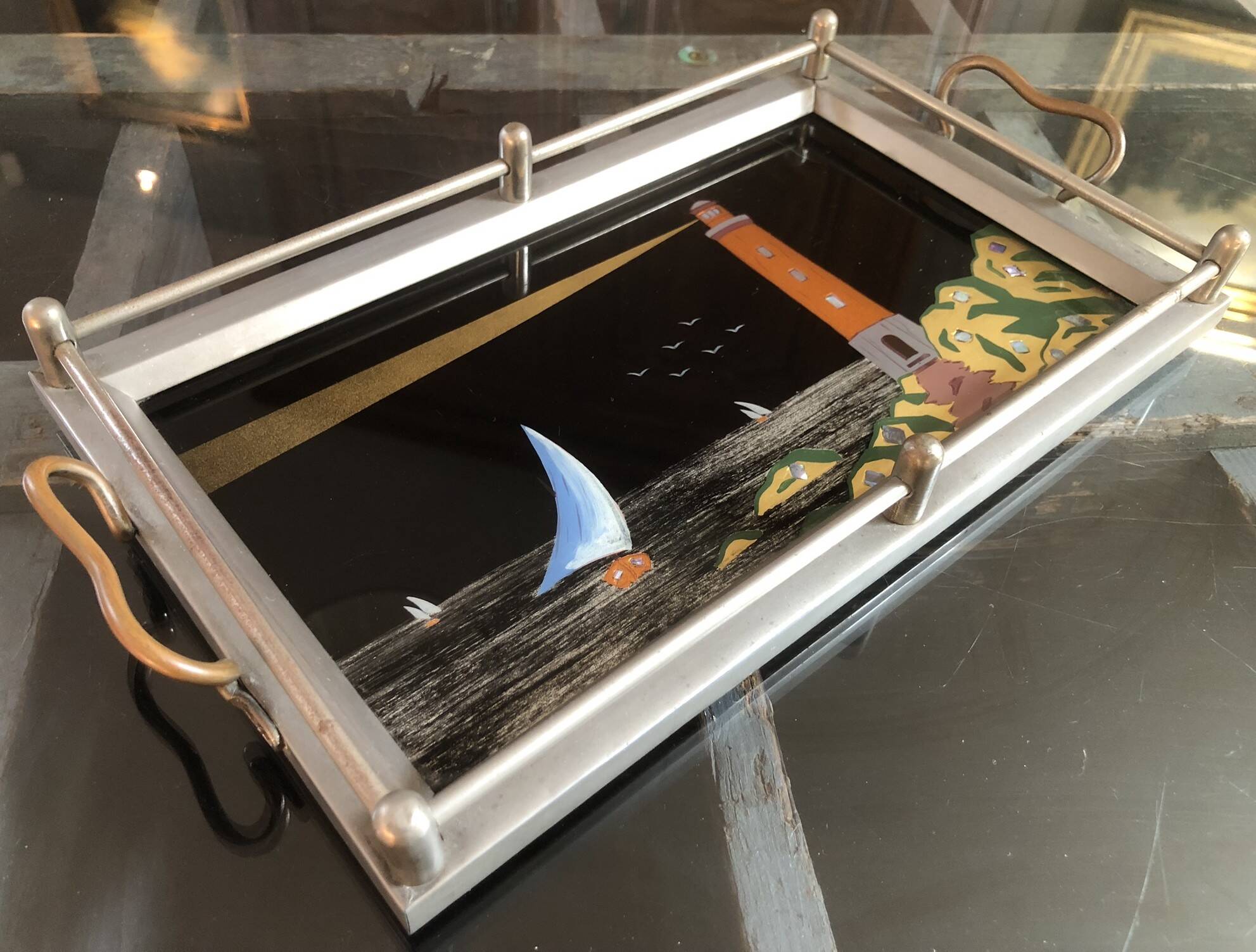 Plateau à service Art-Déco – Peinture sous verre & nacre