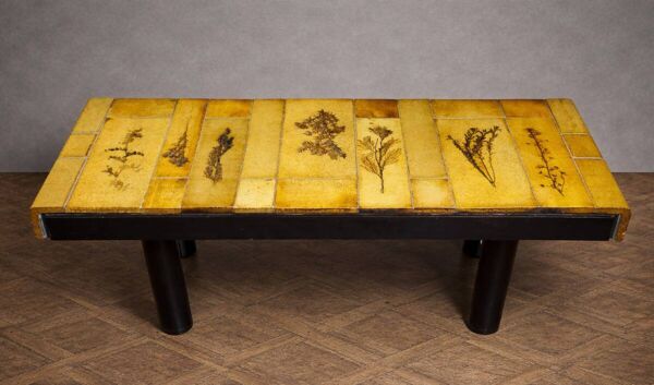 Table basse en céramique Roger Capron Vallauris décor herbier, années 50-60