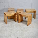 Selection by Charlotte Perriand for Les Arcs, set of 5 pine stools. France, circa 1960