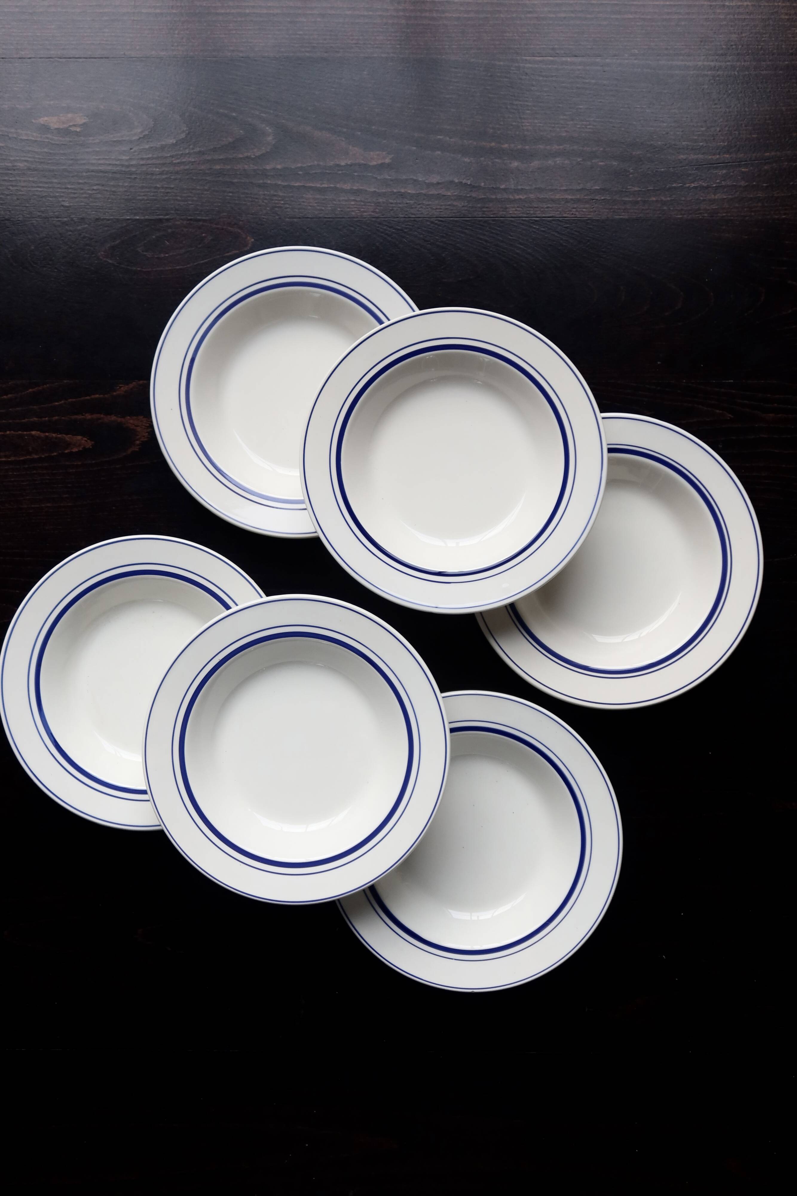 6 assiettes creuses vintage style bistrot porcelaine bleue et blanche