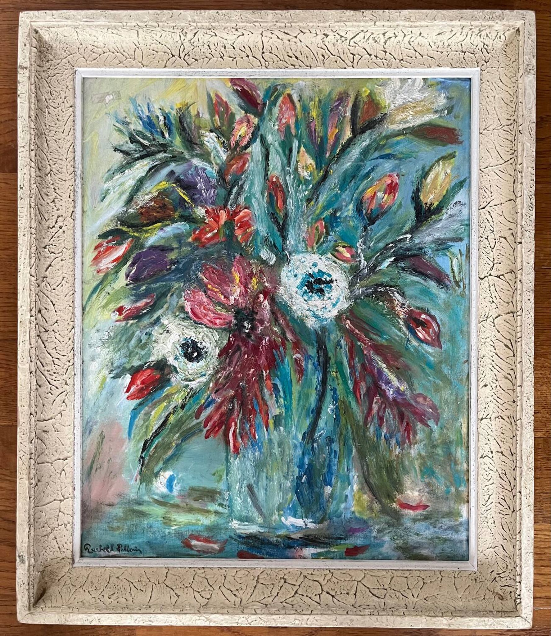 Tableau, huile sur carton "Bouquet"