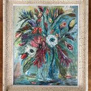 Tableau, huile sur carton "Bouquet"
