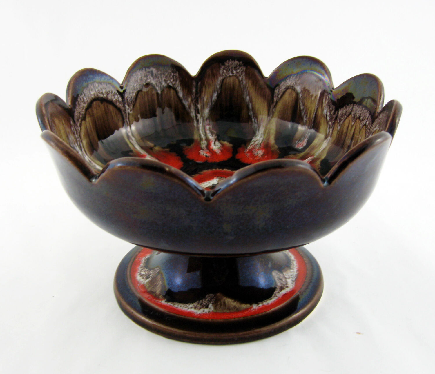 Brown and red ceramic fruit bowl Vallauris France, vintage 70s