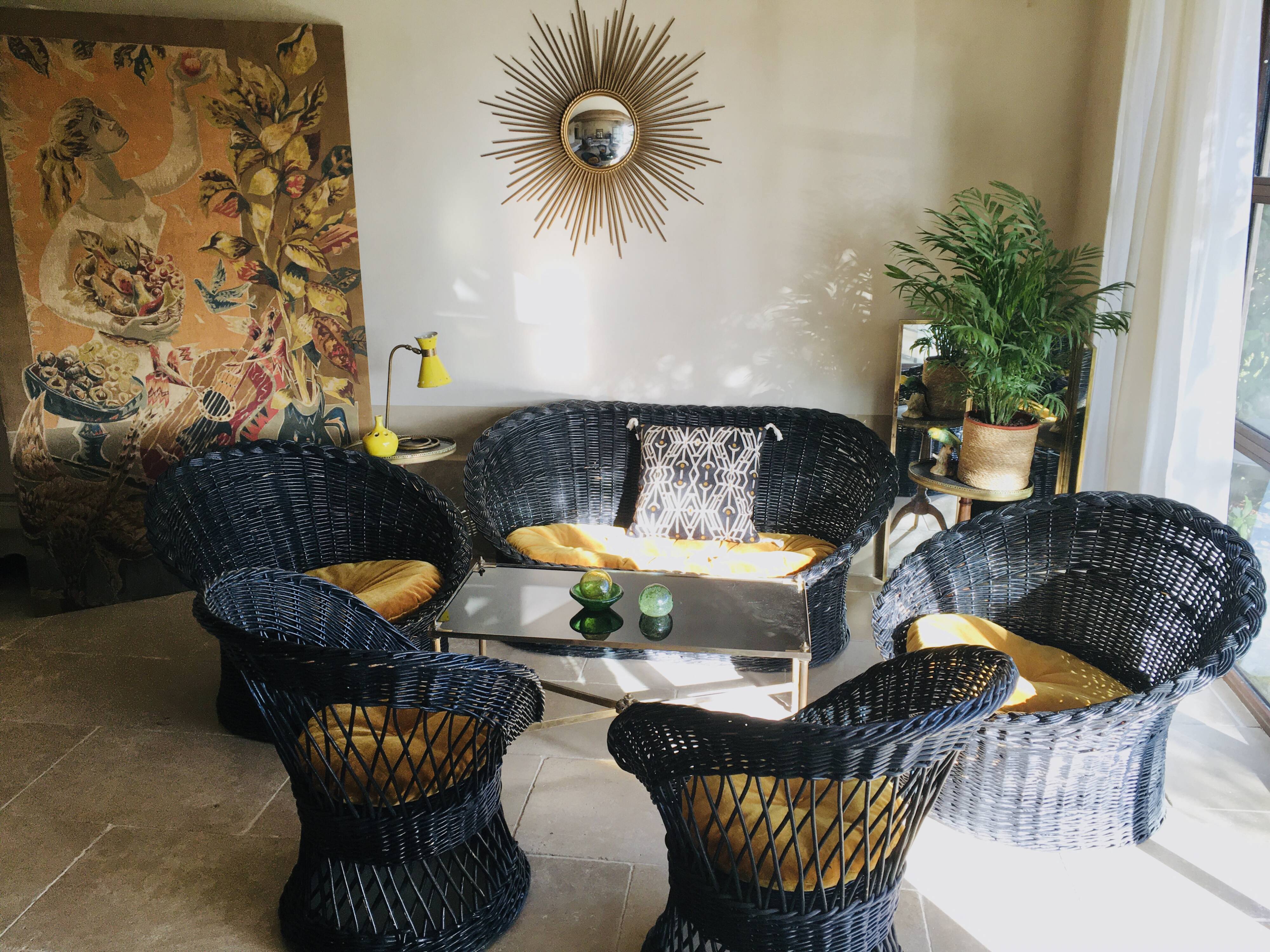 Black diabolo rattan set of the 60s