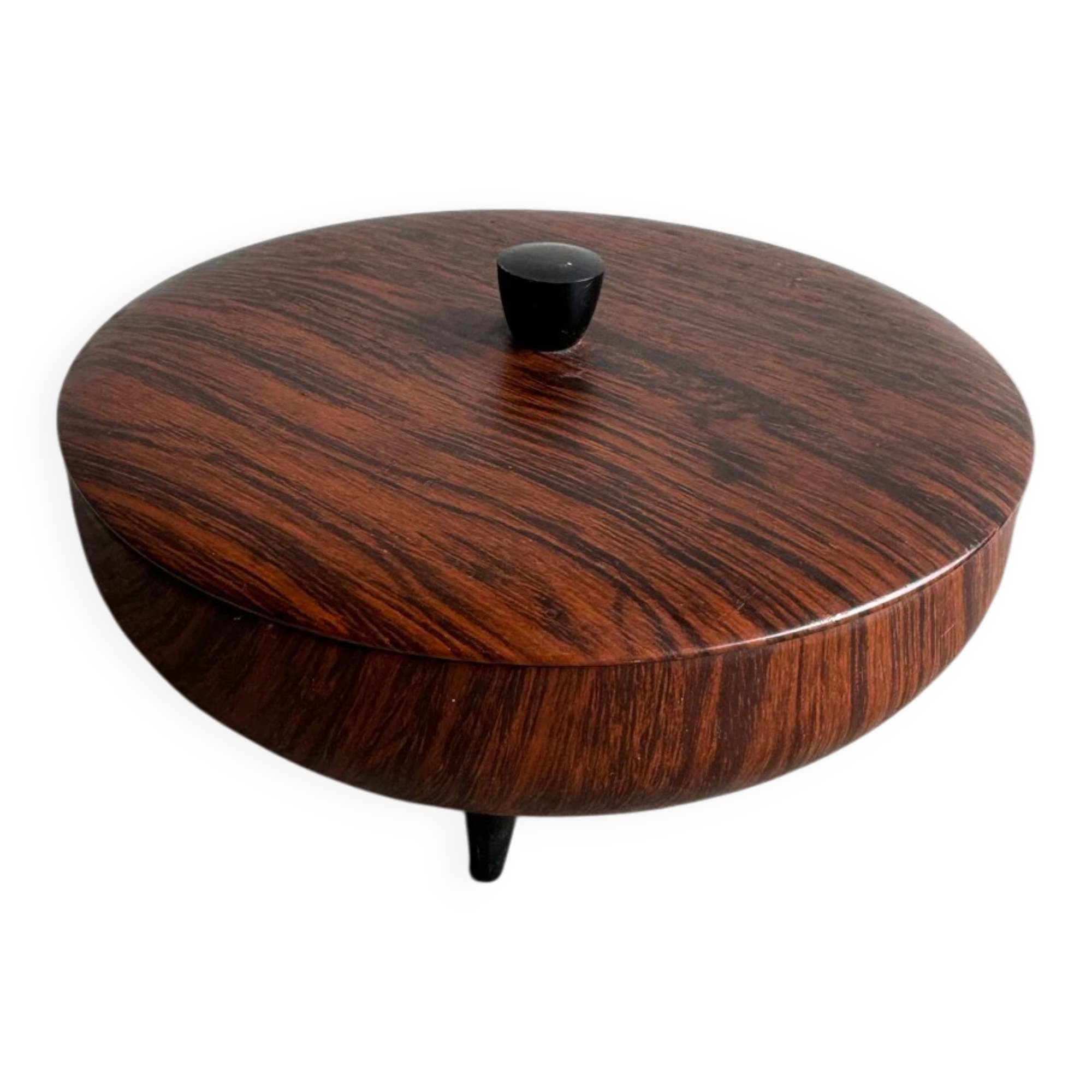 Vintage 1960s Mid-Century Brown Teak-Effect Metal Lidded Box with Gold-Tone Lining