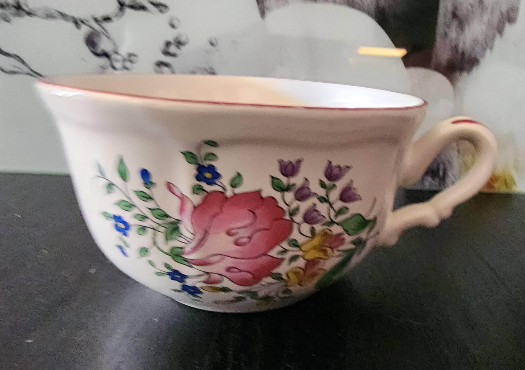 large breakfast cup saucer faience luneville kg street lamp flowers vintage