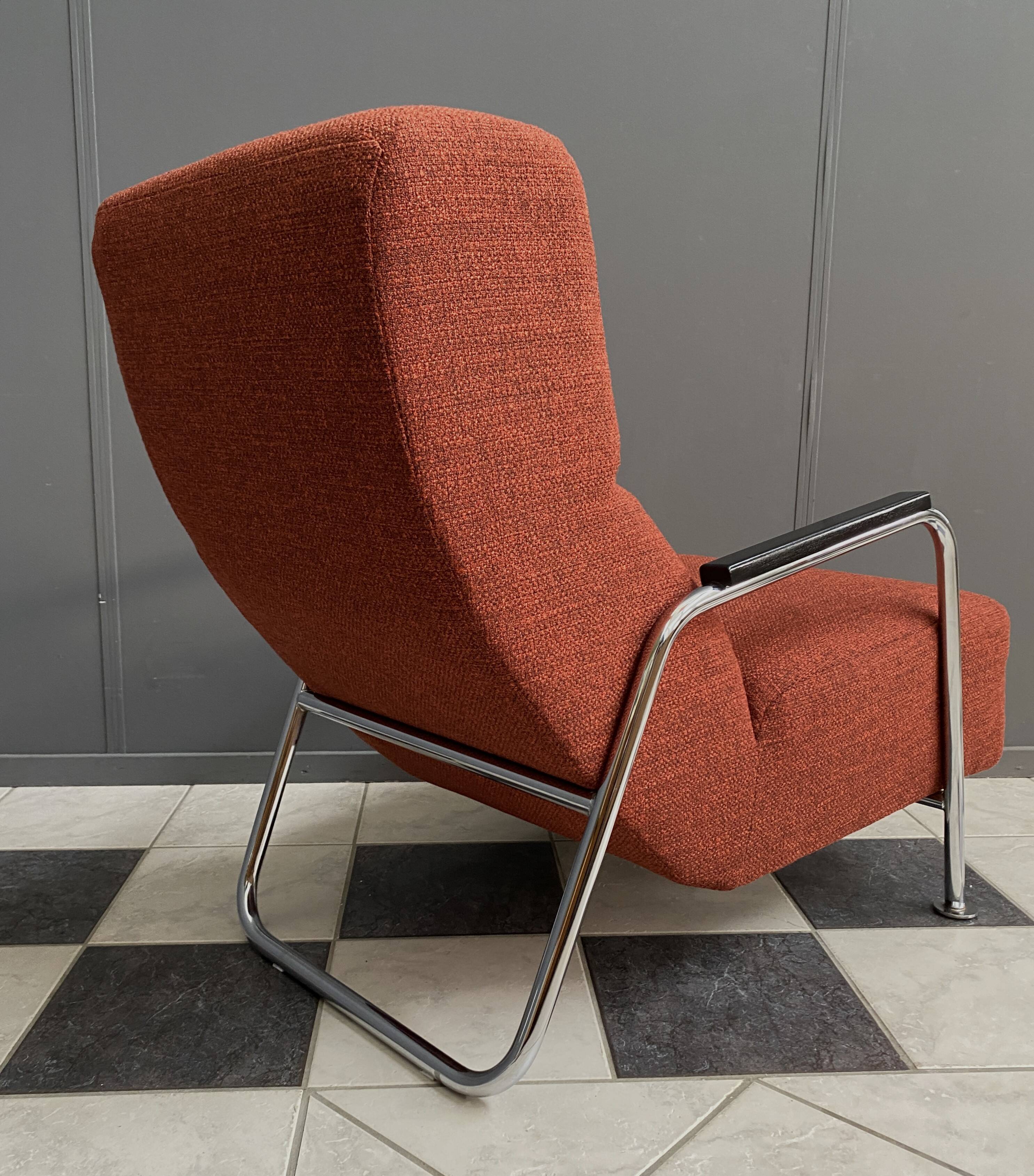 Red Brown fabric relax chair in Chrome frame 1970s
