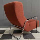 Red Brown fabric relax chair in Chrome frame 1970s