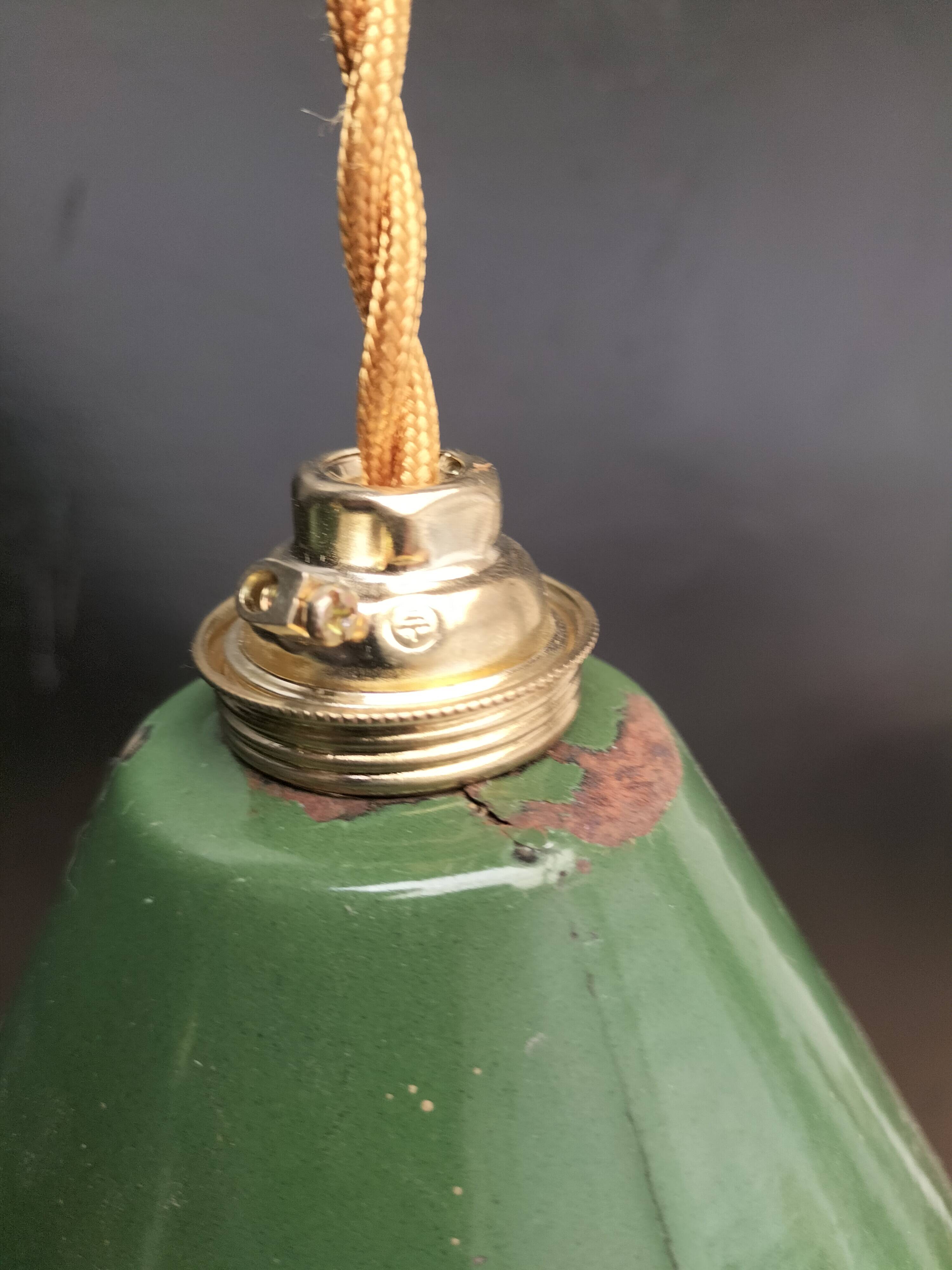 2 enameled sheet metal cone pendants