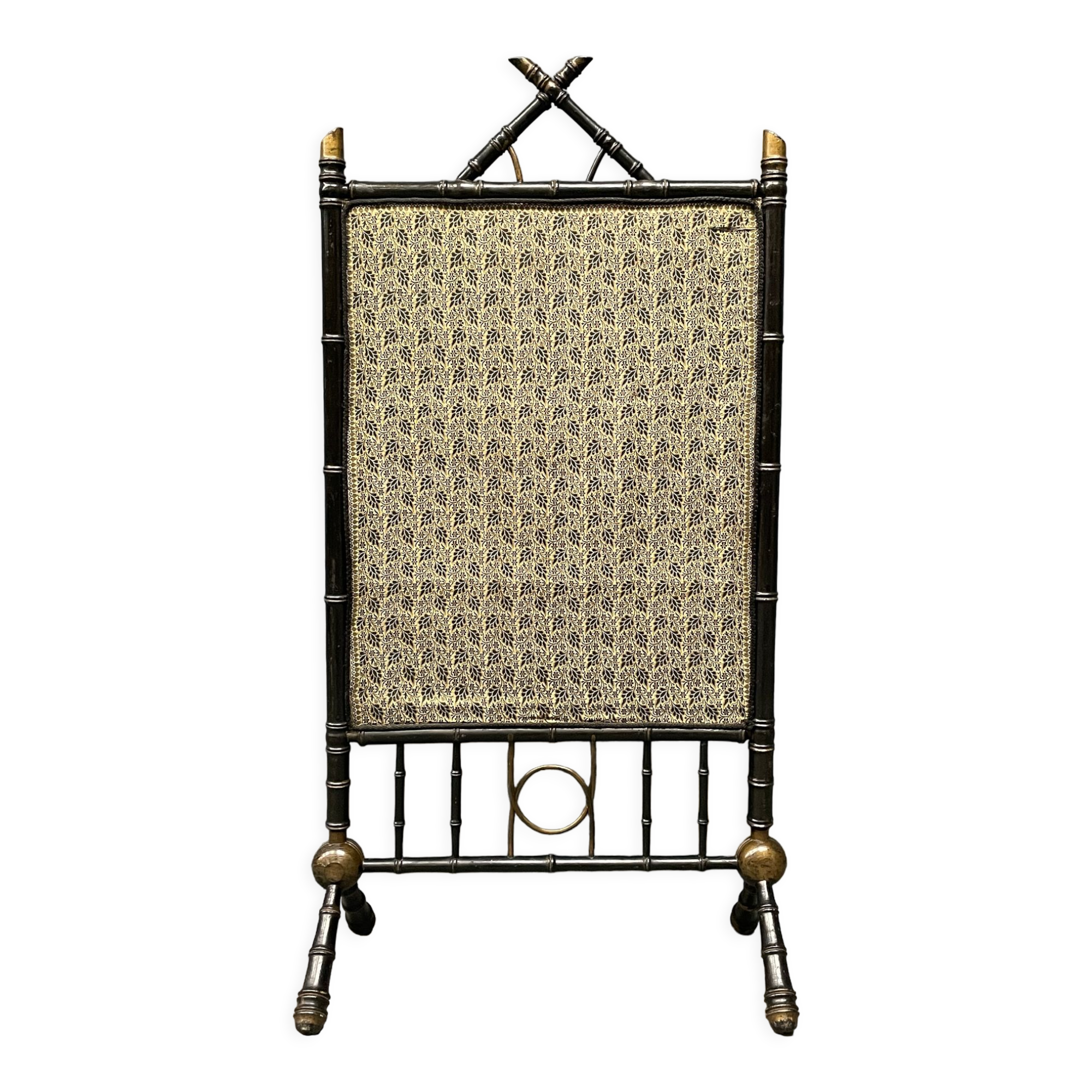 Antique black and gold faux bamboo fireplace screen