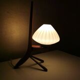 Vintage wooden tripod lamp with pleated glass lampshade, 1970