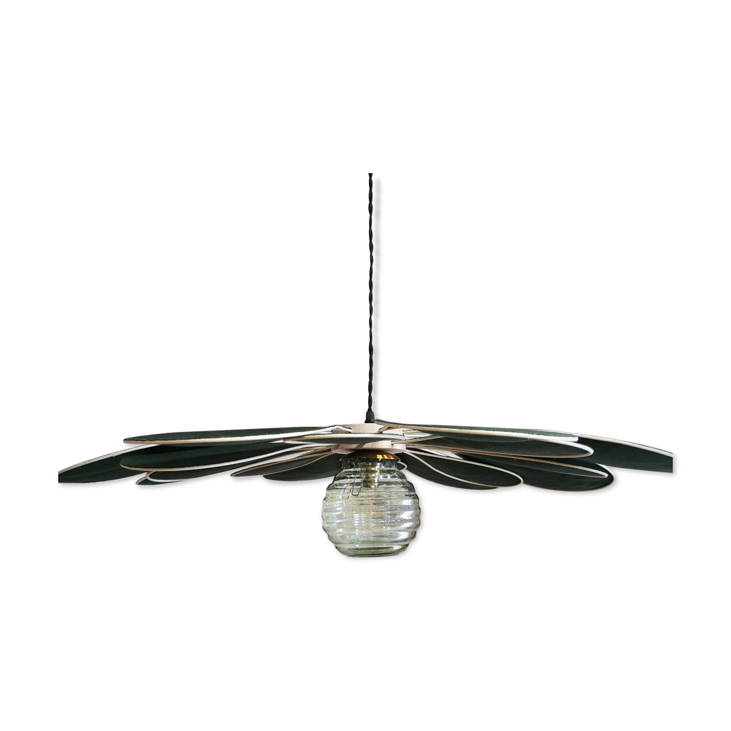 Suspension linen green fir, rattan and old vintage globe