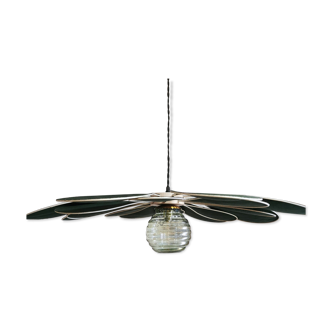 Suspension linen green fir, rattan and old vintage globe