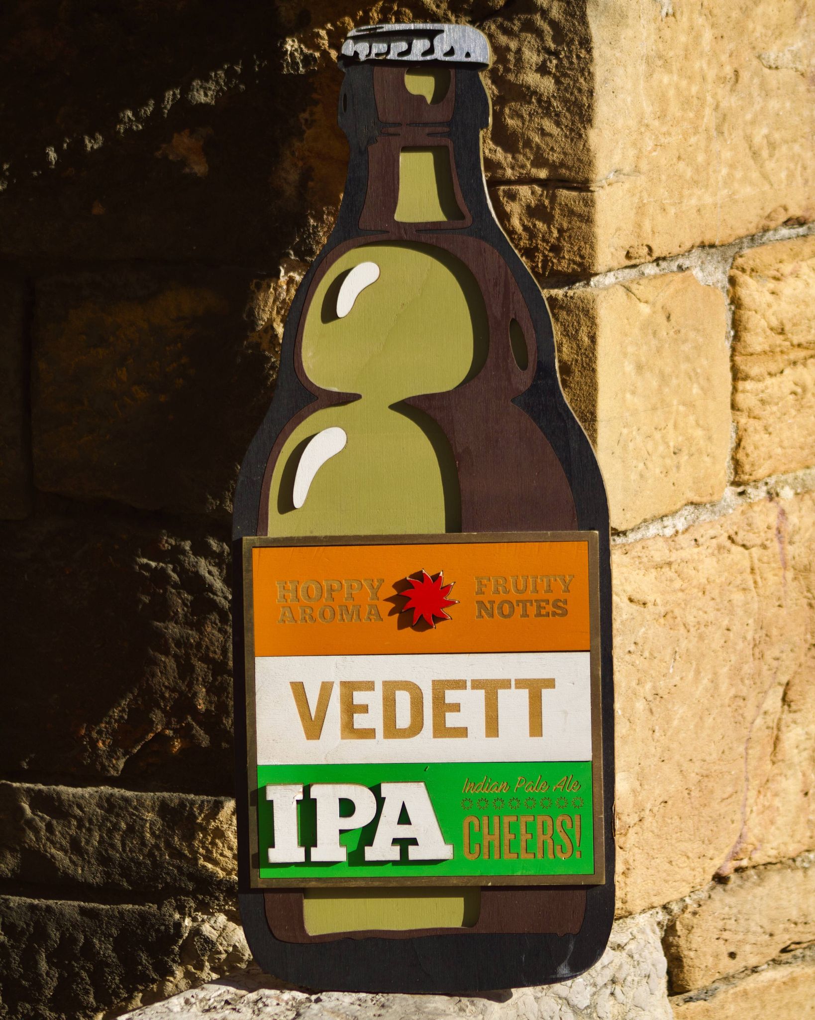 Former advertising wall support for belgian beers vedett ipa - painted wood