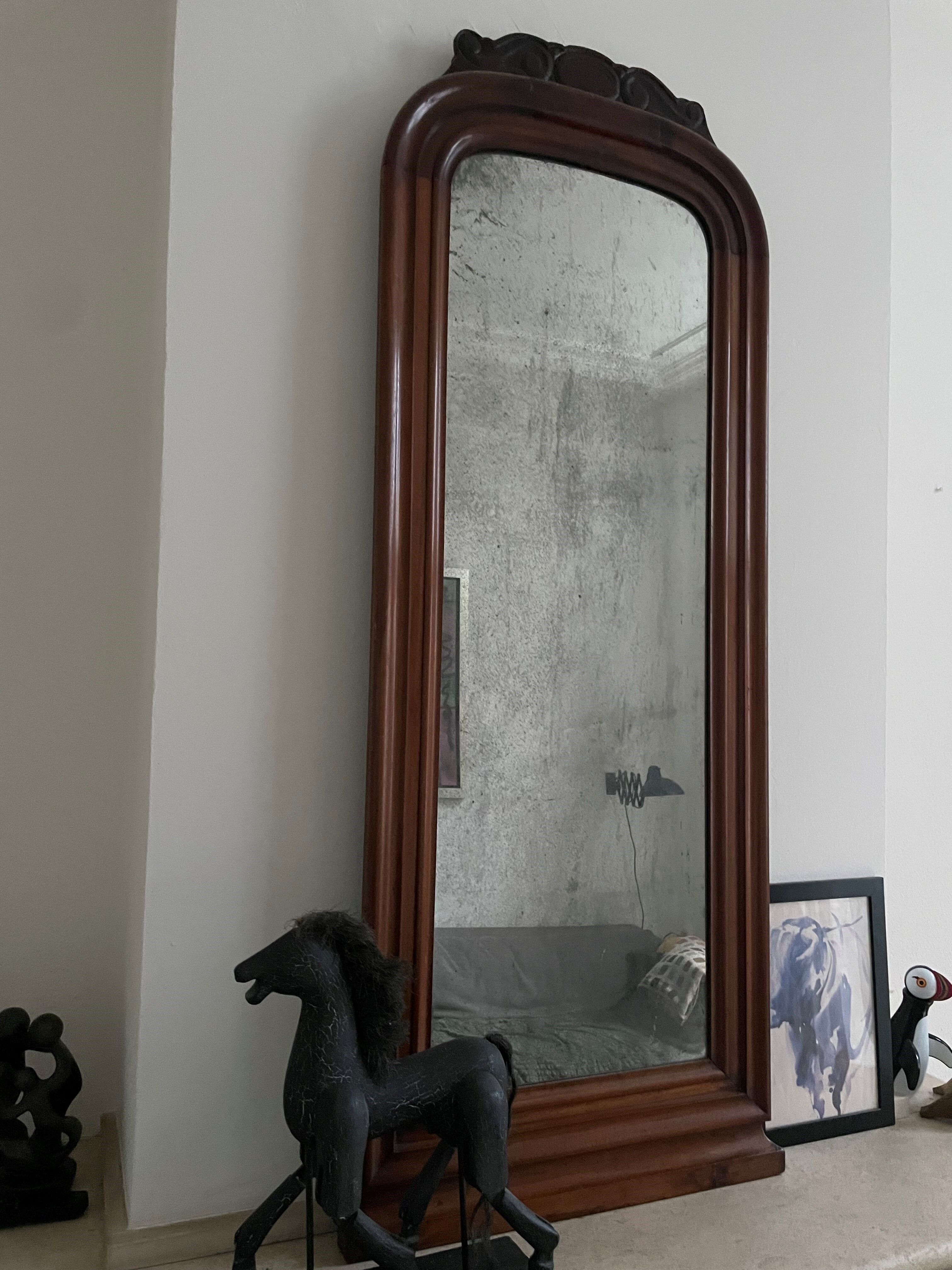 Antique mirror with mahogany frame and silver patinated mirror