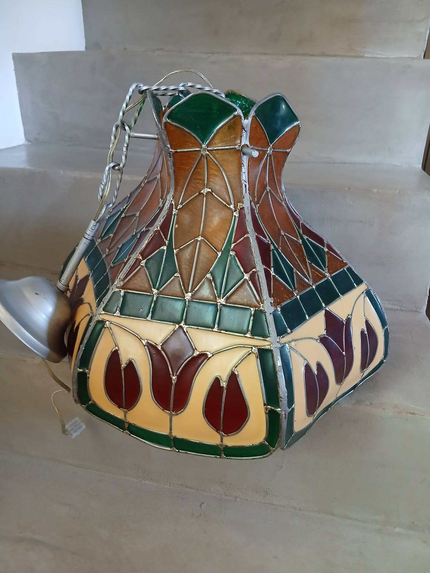 Vintage pendant light with multicoloured stained glass.