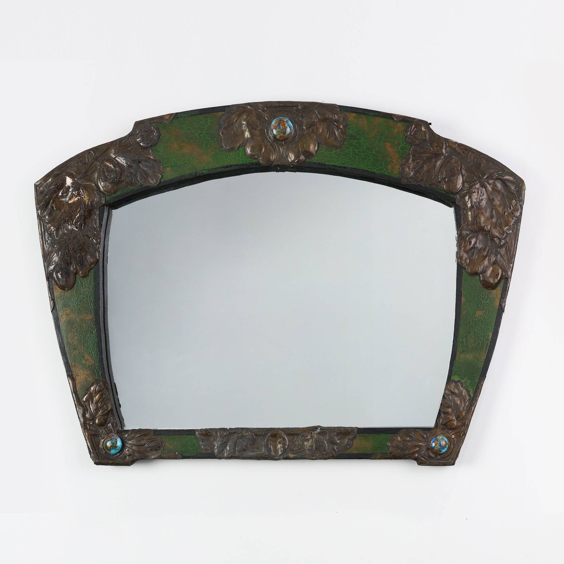 Arts & Crafts Mirror in green metal with glass decoration, France ca. 1905