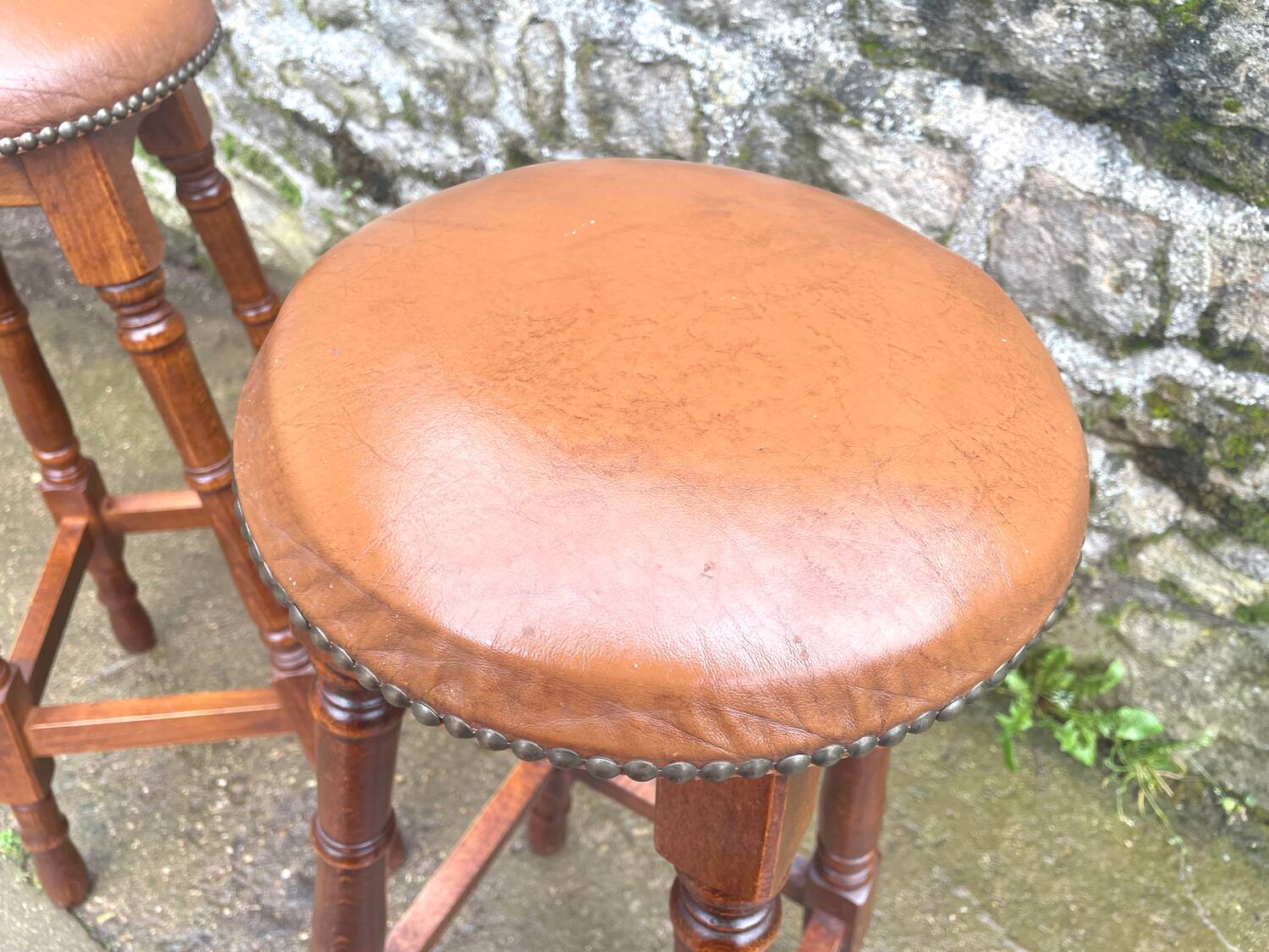 Pair of studded leather bar stools