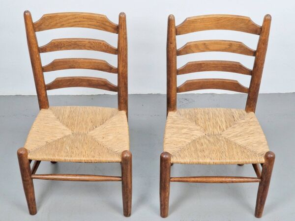Ensemble de chaises en bois et en osier de style brutaliste inspiré par Charlotte Perriand, années 1960, ensemble de 2.