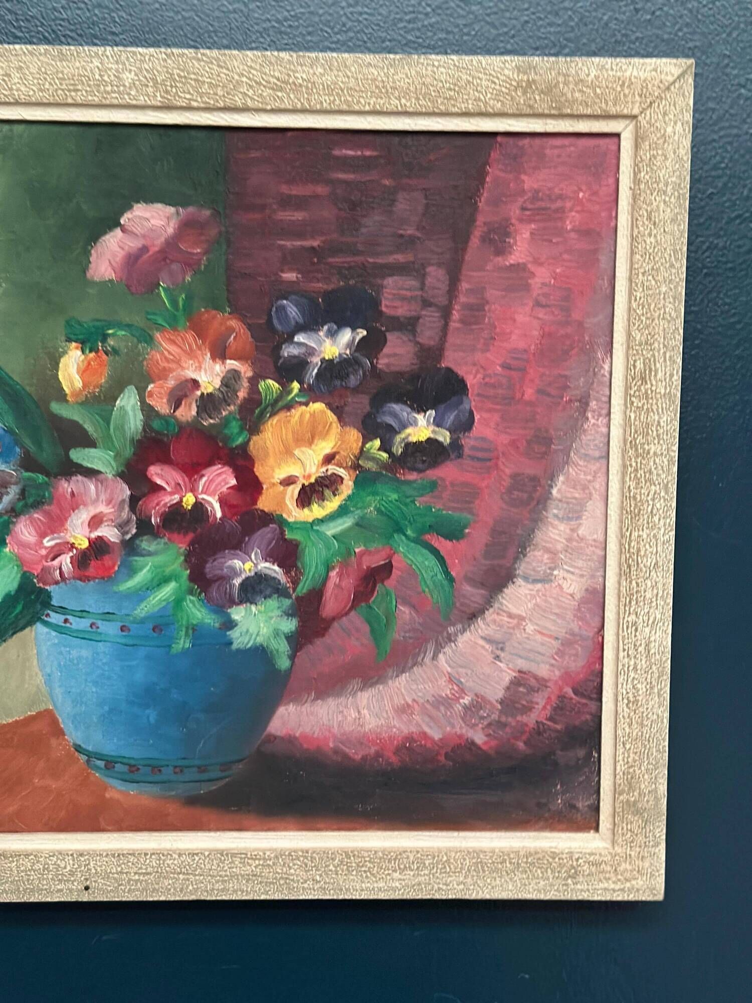 Original Swedish Oil on Canvas – “Pansies in Blue Vase” by G. Stränz