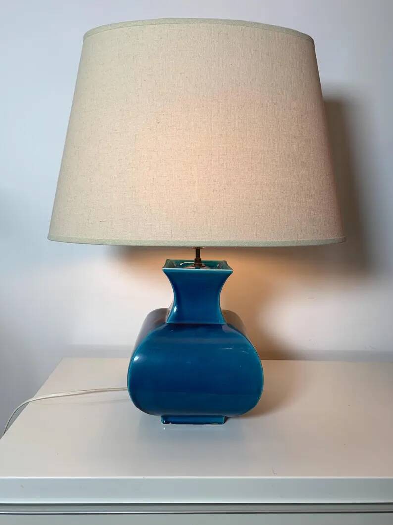 Vintage ceramic lamp Molin Charolles glazed turquoise blue - French 1970s